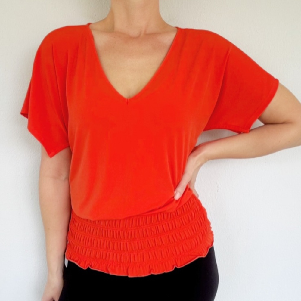 Michael KORS bright orange v-neck smocked elastic waist stretch top size small